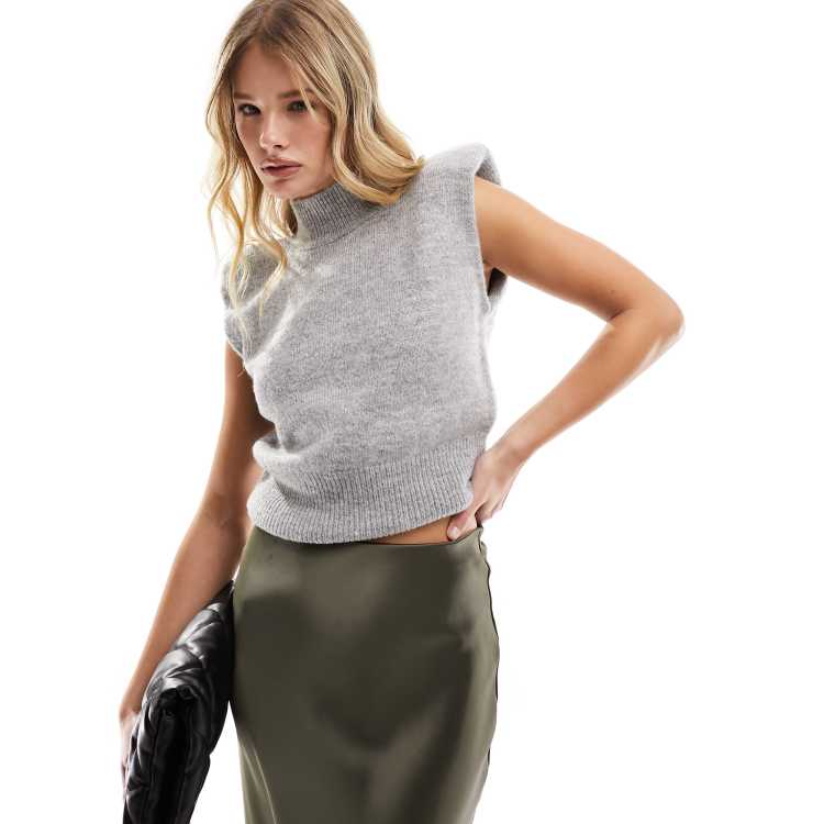 High Neck Knitted Shoulder Pad Top Hooever Women's Knitted