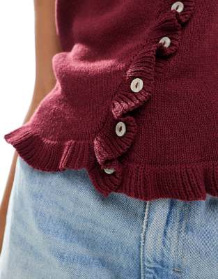 Asos Design Knitted Tank Top With Irregular Placket And Ruffle Edge In Red
