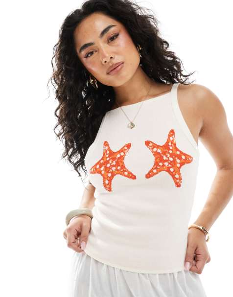 ASOS DESIGN knitted tank top with starfish detail in cream - view 1