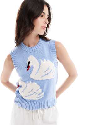 CerbeShops DESIGN knitted tank top with swan pattern in blue