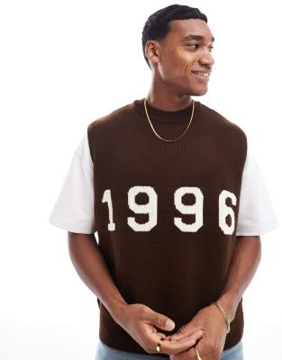 Asos Design Knitted Tank Top With Year Graphic In Brown