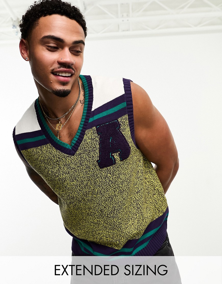 ASOS DESIGN knitted tank with collegiate letter badge in green