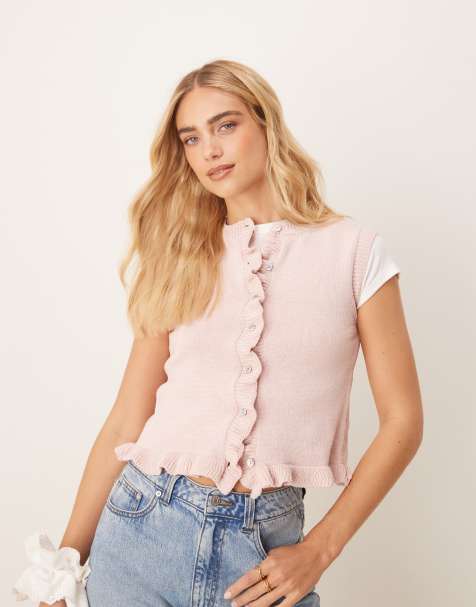 ASOS DESIGN knitted tank with frill edge in pink - view 1