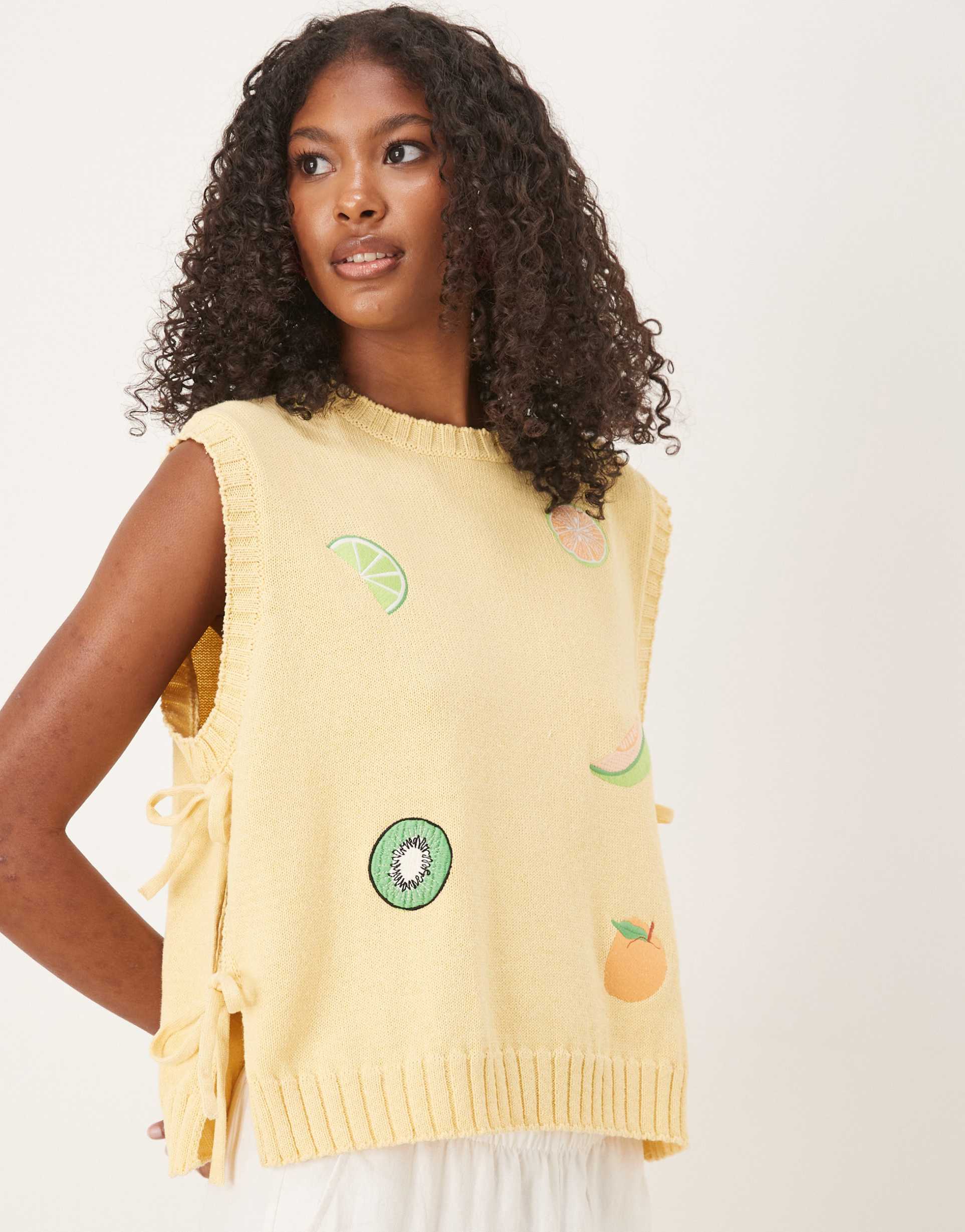 ASOS DESIGN knitted tank with fruit embroidery in buttermilk