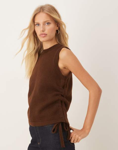 ASOS DESIGN knitted tank with ruching detail in brown - view 1