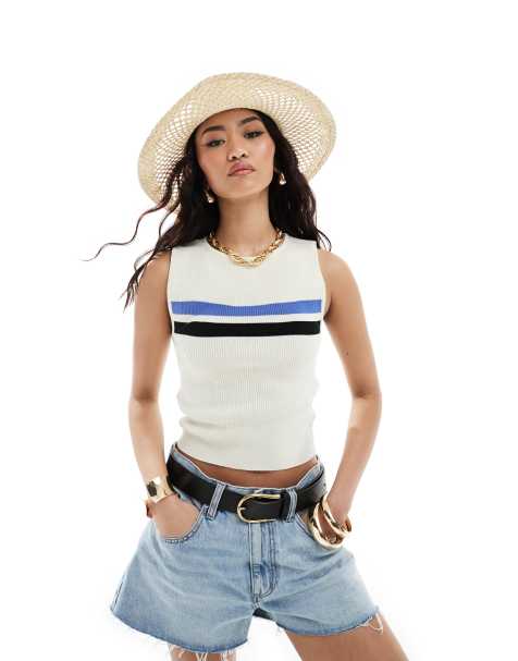 ASOS DESIGN knitted tank with sporty tipping in white - view 1