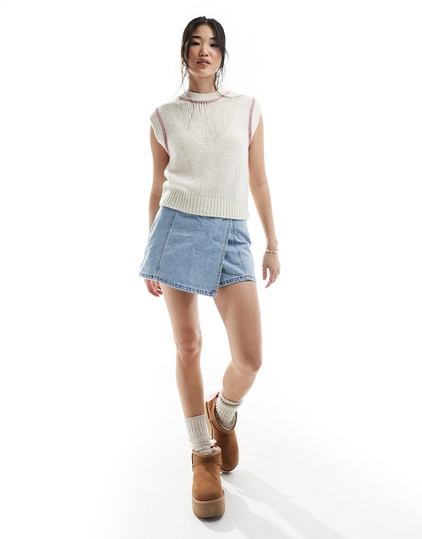 ASOS DESIGN knitted tank with tipping in cream-White