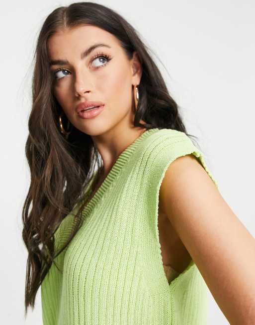 ASOS DESIGN knitted tank with v neck in lime green, 3 of 4