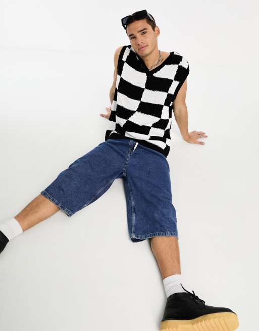 ASOS DESIGN knitted tank with warped check pattern in black
