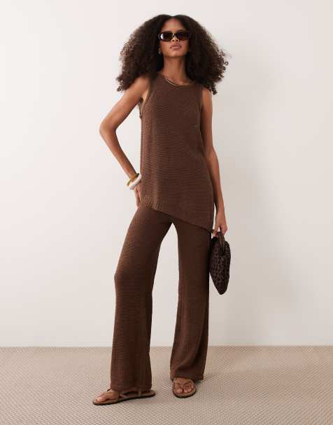 ASOS DESIGN knitted tape a-line cami & trouser co-ord in mocha - view 1