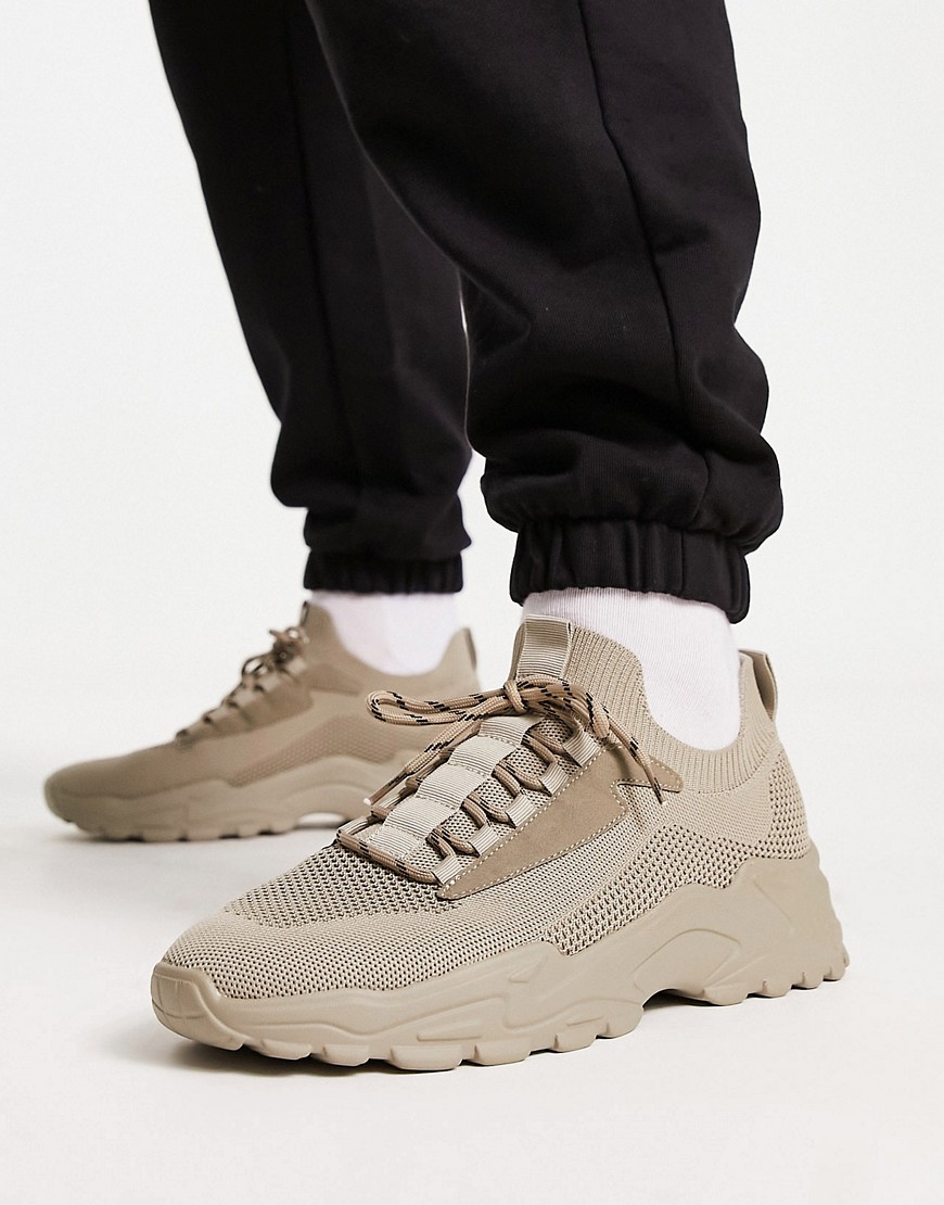 ASOS DESIGN knitted tech trainers in stone-Neutral