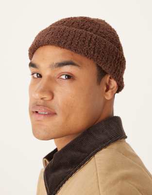Asos Design Knitted Teddy Fleece Beanie In Brown