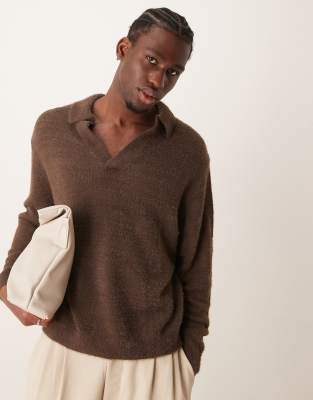 knitted texture notch sweater in brown