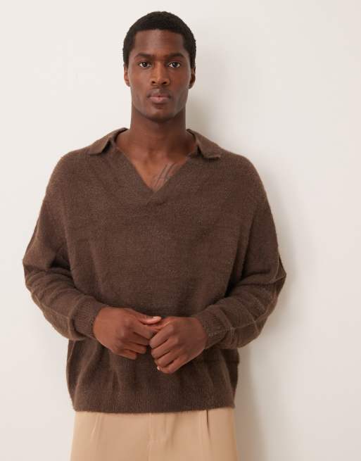 ASOS DESIGN knitted texture notch sweater in brown