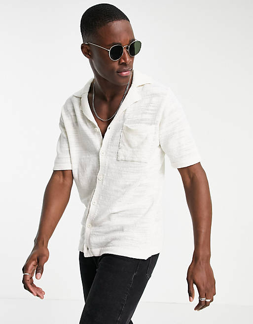 ASOS DESIGN knitted textured button through shirt in off white