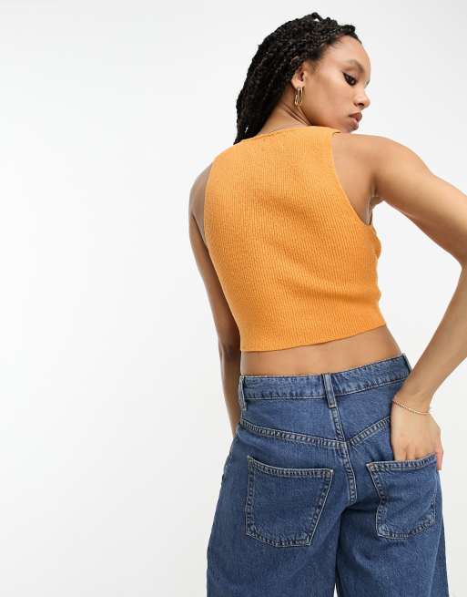 ASOS DESIGN knitted textured crop top with cut out detail in orange, 2 of 4