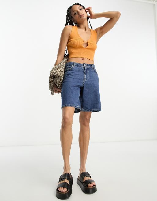 ASOS DESIGN knitted textured crop top with cut out detail in orange, 3 of 4