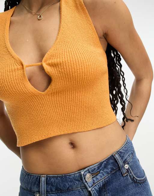 ASOS DESIGN knitted textured crop top with cut out detail in orange, 4 of 4