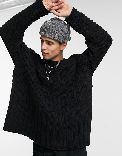 ASOS DESIGN knitted textured jumper with ribs in black
