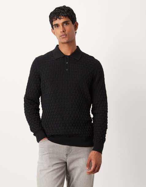 ASOS DESIGN knitted textured long sleeve polo in black - view 1