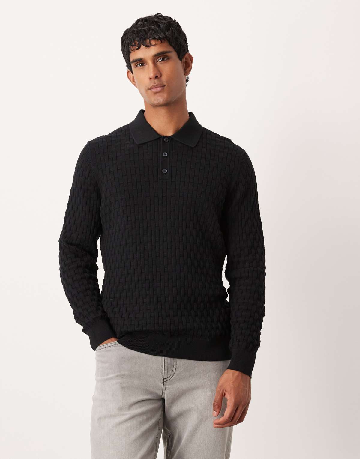 ASOS DESIGN knitted textured long sleeve polo in black