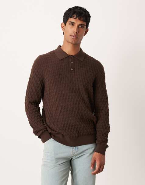 ASOS DESIGN knitted textured long sleeve polo in brown - view 1