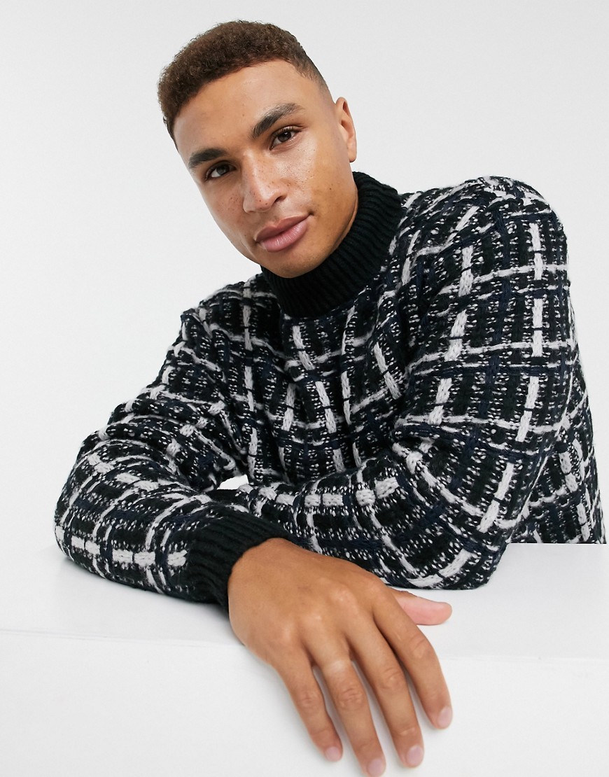ASOS DESIGN knitted textured plaid sweater-Black