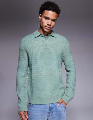 ASOS DESIGN knitted textured polo in sage-Green