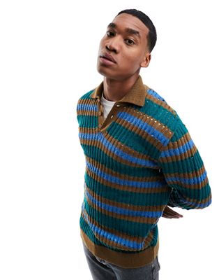 ASOS DESIGN knitted textured polo jumper in green and blue stripe