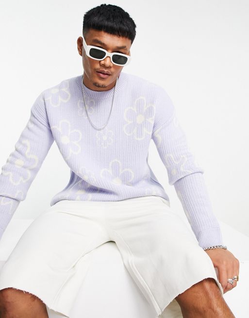 ASOS DESIGN knitted jacquard knit sweater with pansy design in lilac