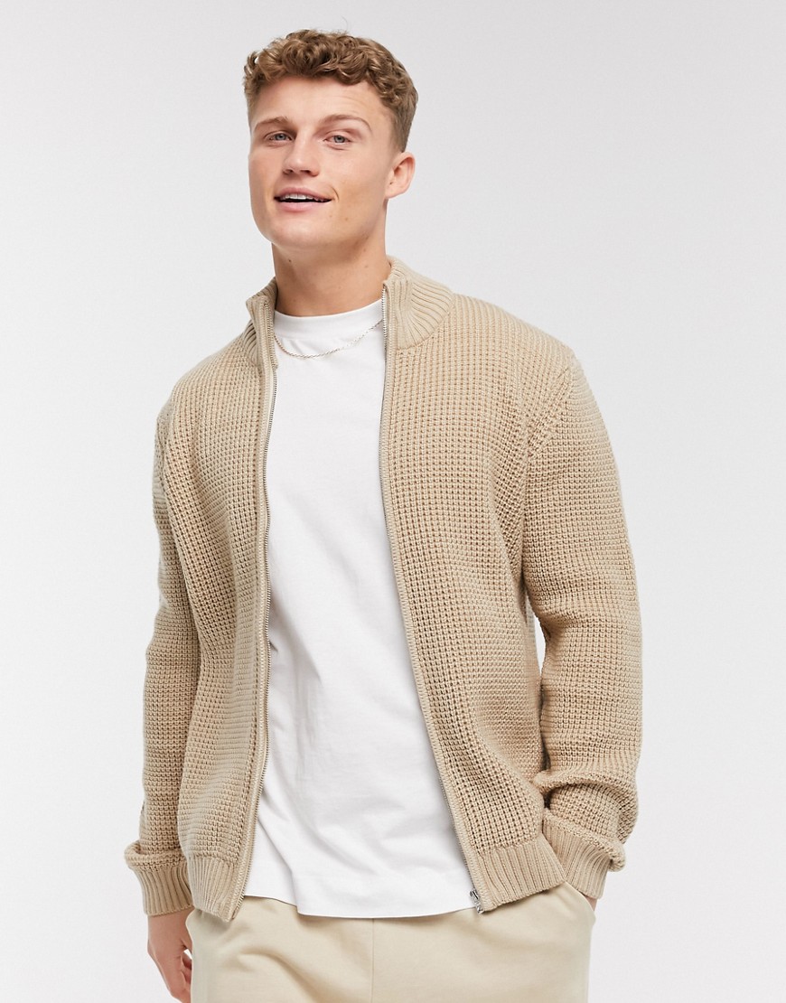 ASOS DESIGN knitted textured stitch track jacket in beige