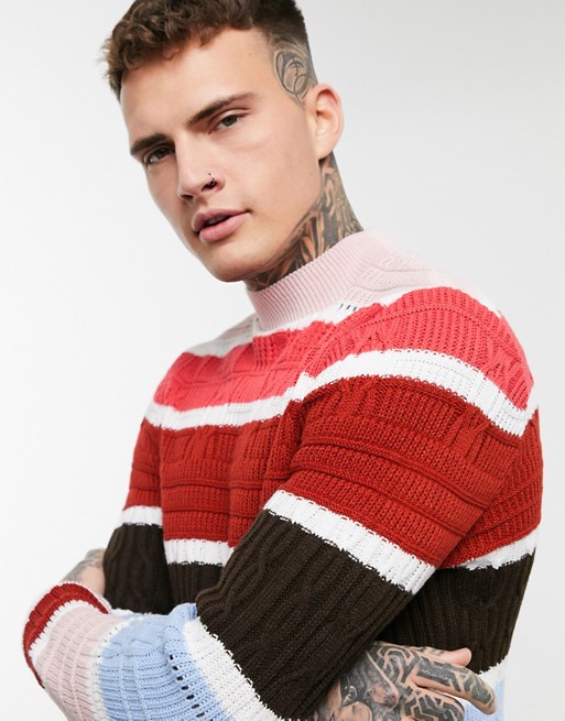 ASOS DESIGN knitted textured stripe turtle neck jumper in red