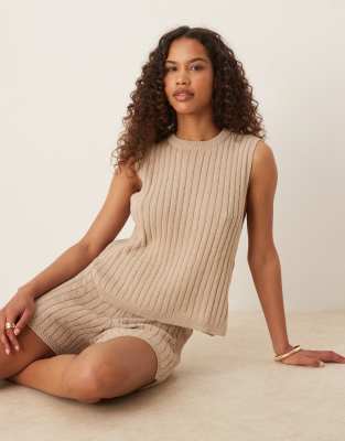 ASOS DESIGN knitted textured top co-ord in mocha - BROWN - view 1