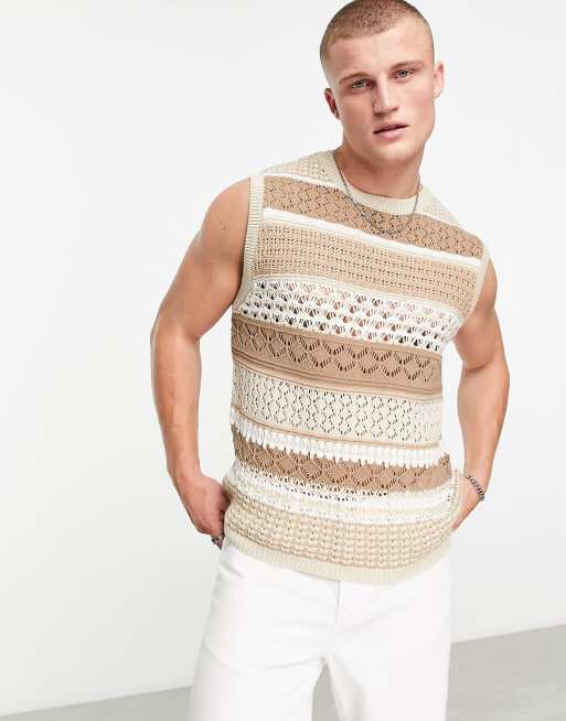 ASOS DESIGN sleeveless sweater vest in crochet knit in tan