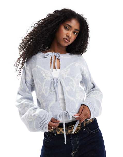 ASOS DESIGN knitted tie front cardigan in blue print - view 1