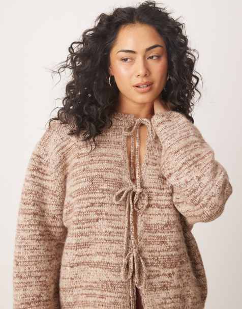 ASOS DESIGN knitted tie front cardigan in brown fleck