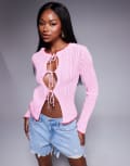 [ASOS DESIGN] ASOS DESIGN knitted tie front cardigan with red tipping detail in pink S Pink