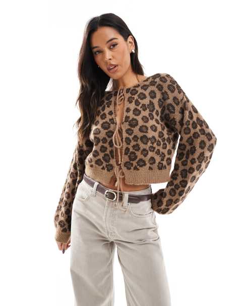 ASOS DESIGN knitted tie front leopard print cardigan with bow detail in mocha - view 1