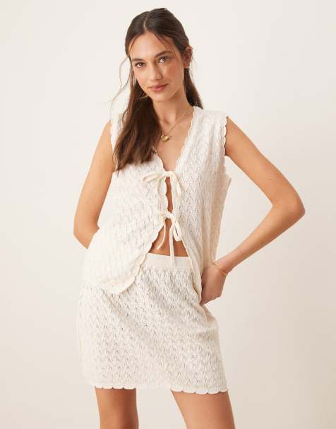 ASOS DESIGN knitted tie front top, skirt & pants set in ecru - view 1