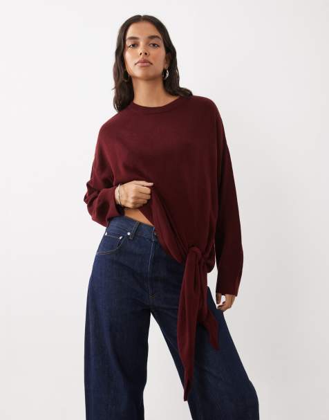 ASOS DESIGN knitted tie side jumper in burgundy - view 1