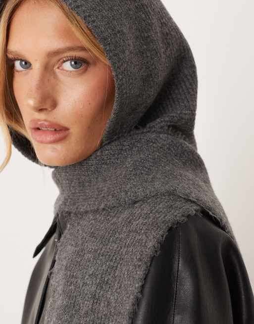 ASOS DESIGN knitted tie up hooded scarf in charcoal grey