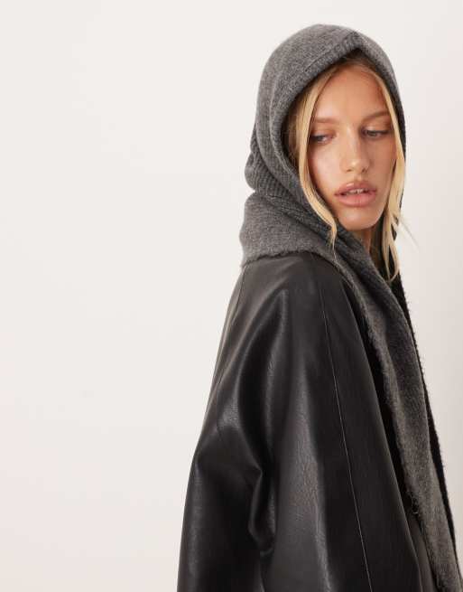 ASOS DESIGN knitted tie up hooded scarf in charcoal grey