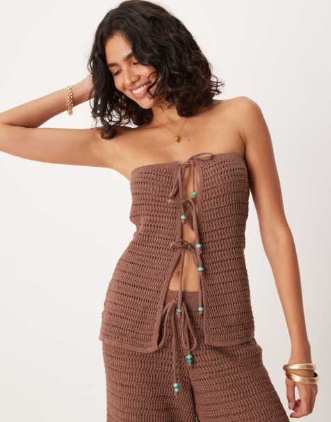 ASOS DESIGN knitted top co-ord with turquoise beads in brown
