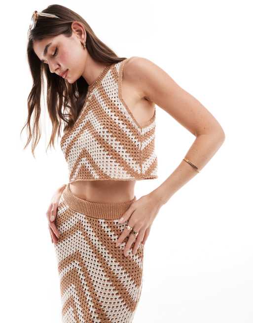 ASOS DESIGN knitted top in chevron stitch in brown (part of a set)