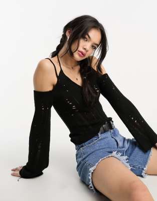 Asos Design Knitted Top In Distressed Stitch With Cross Over Strap Detail In Black