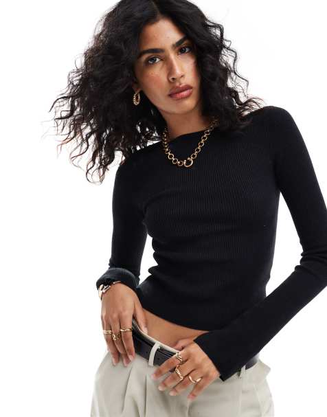 ASOS DESIGN knitted top with boat neck in black - view 1