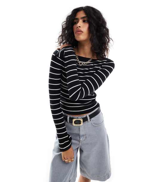 ASOS DESIGN knitted top with boat neck in stripe - view 1