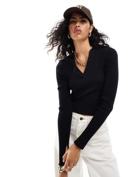 ASOS DESIGN knitted top with collar and buttons in black - view 1
