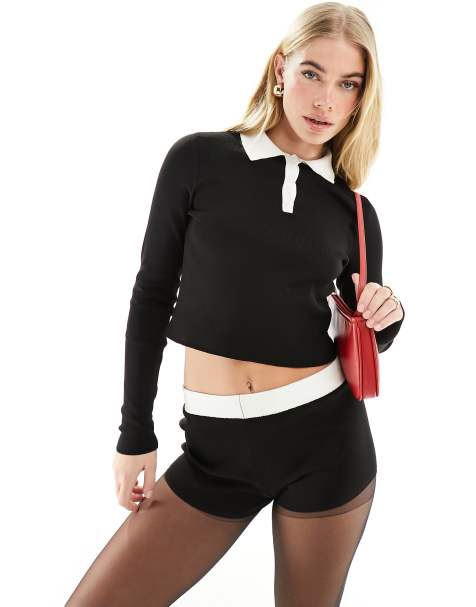 ASOS DESIGN knitted top with collar and contrast trim co-ord in black - view 1