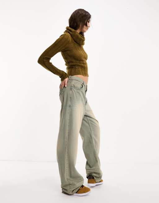 ASOS DESIGN knitted top with cowl neck and hood in rib in khaki